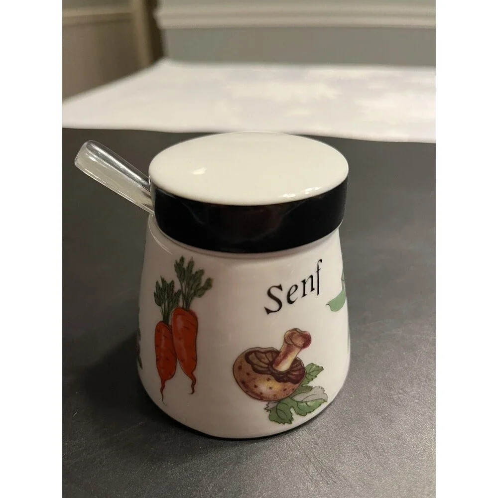 Gerold Porzellan Bavaria Mushroom Veggie Motif Condiment Jar w Lid & Spoon
